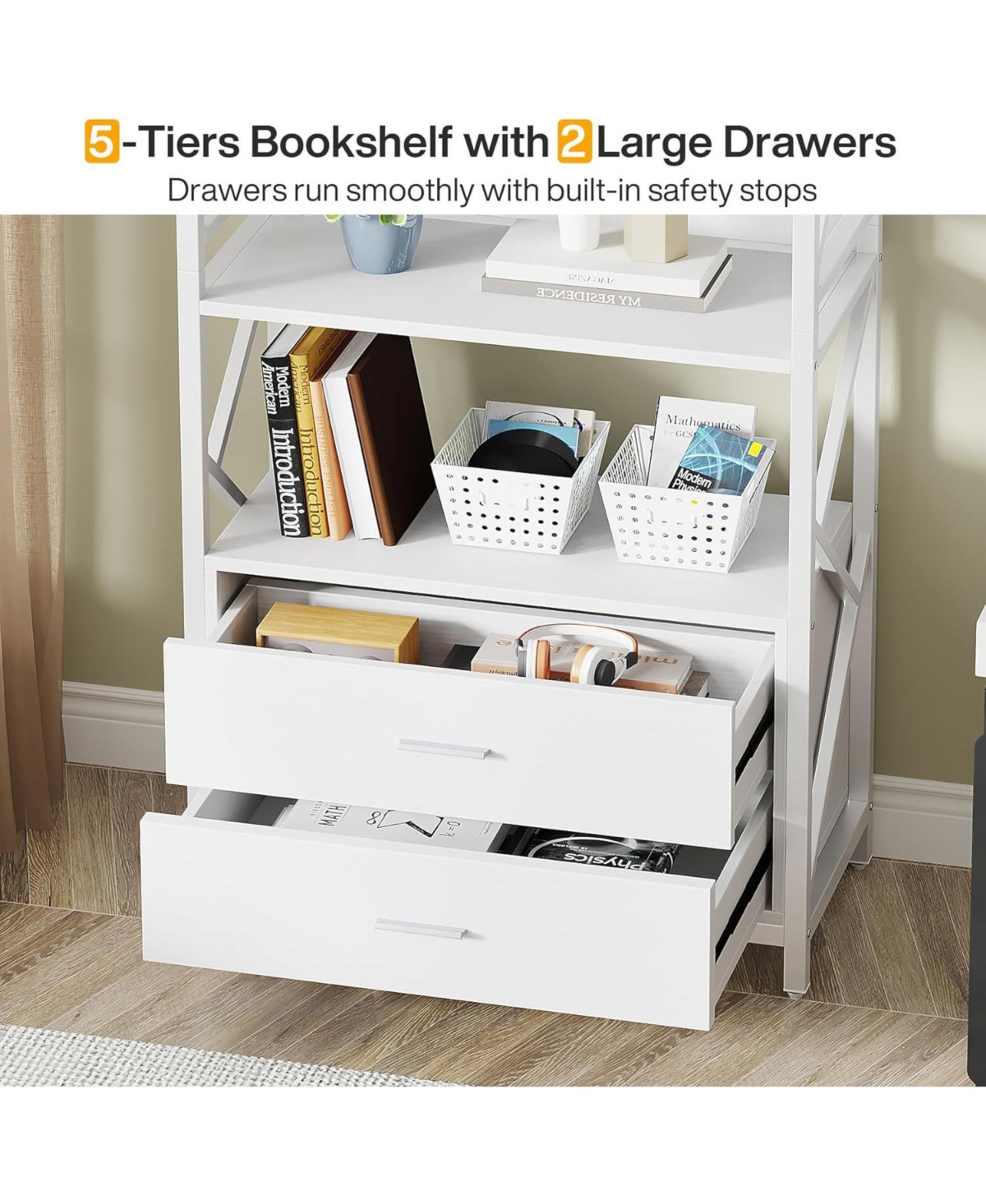 Tribesigns Bookshelf with Drawers, Industrial Bookcase with 2 Drawers, 5 Shelf Open Shelf for Storage, Wood Book Shelf for Living Room, Bedroom