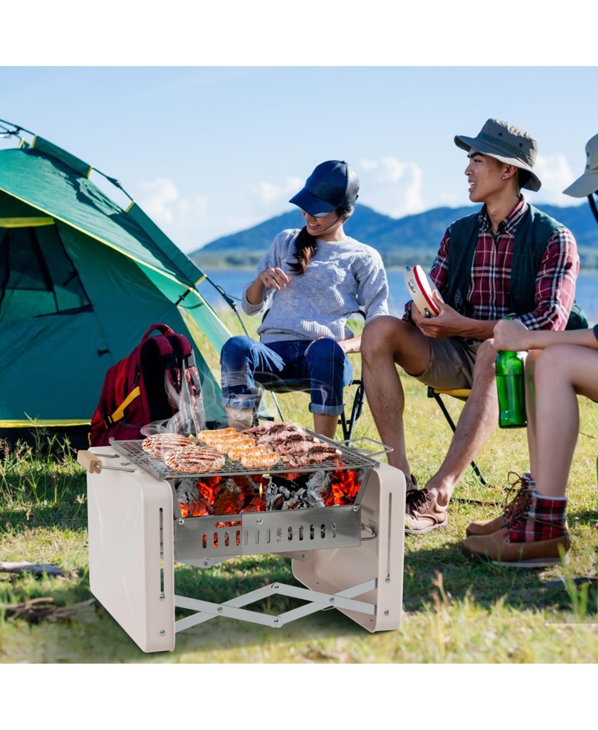 Skonyon Folding Charcoal Bbq Grill with Dishwasher-safe Grill Grids and Charcoal Box- Beige/khaki