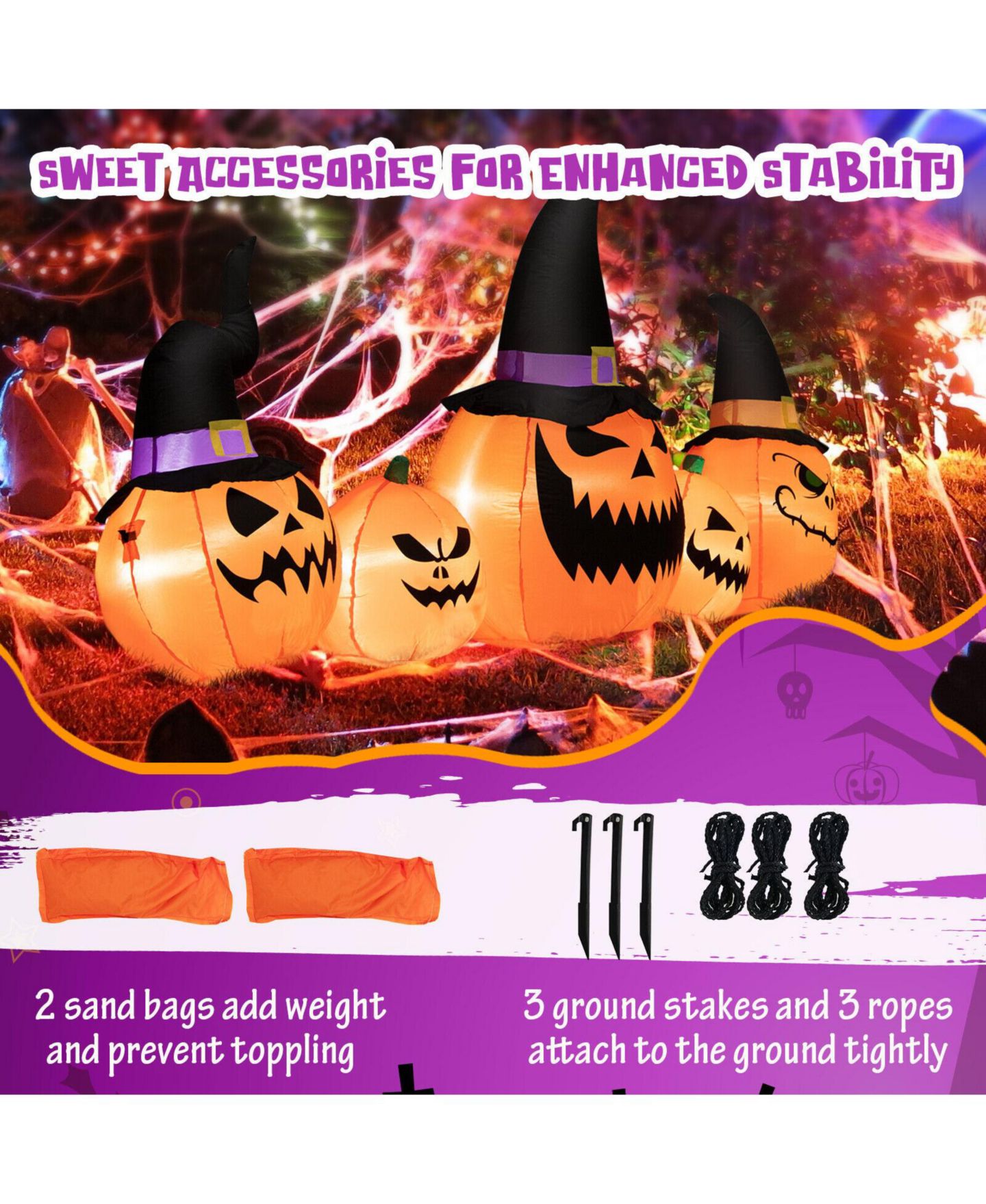 Детская игрушка SKONYON 8 Feet Inflatable Pumpkin Family Waterproof Halloween Yard Decoration with LED Lights, цвет: Оранжевый — фото 3