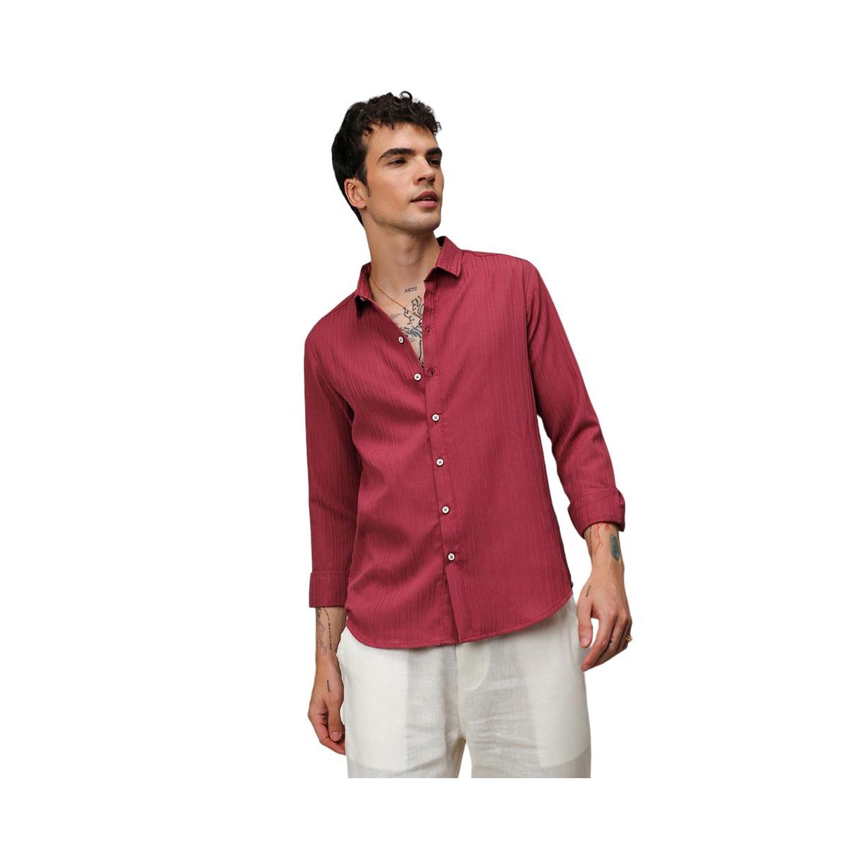 Men's Blush Red Self-Design Striped Shirt - Red