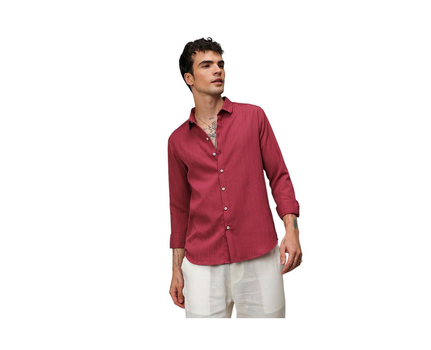 Men's Blush Red Self-Design Striped Shirt