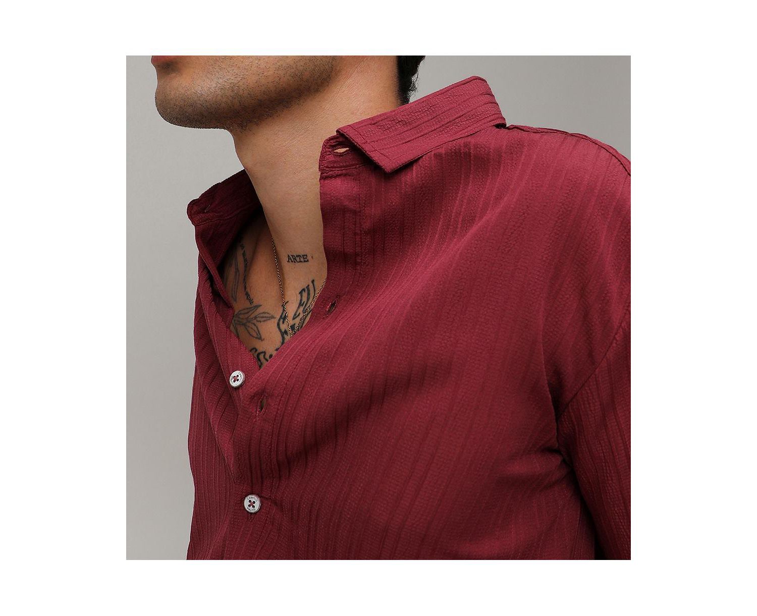 Men's Blush Red Self-Design Striped Shirt