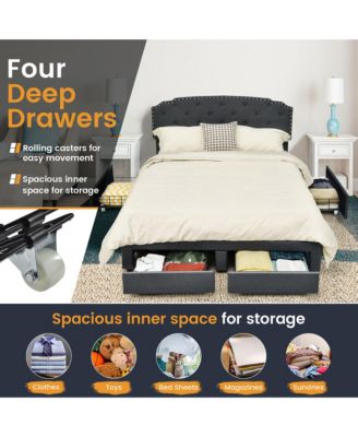 Full Platform Bed Frame with 4 Storage Drawers Adjustable Headboard Grey