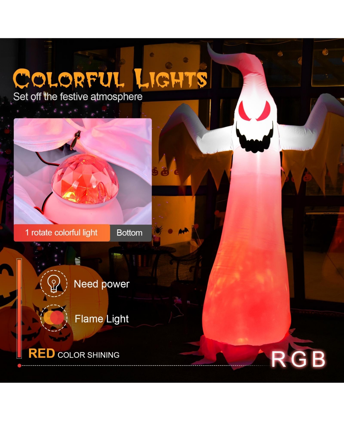 Skonyon 8 Feet Halloween Inflatable Ghost with Rotatable Flame Led Lights