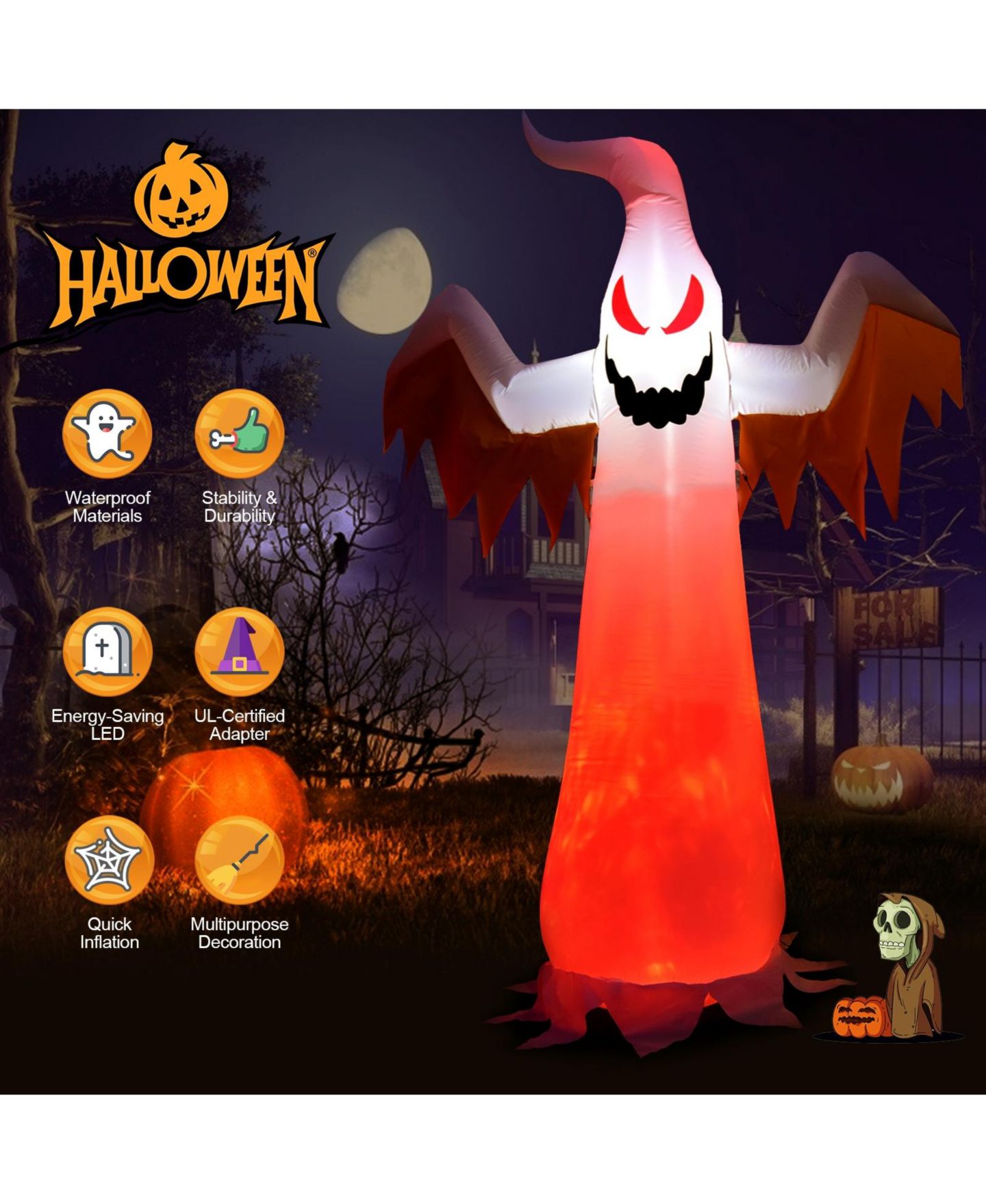Детская игрушка SKONYON 8 Feet Halloween Inflatable Ghost with Rotatable Flame LED Lights, цвет: Белый — фото 10