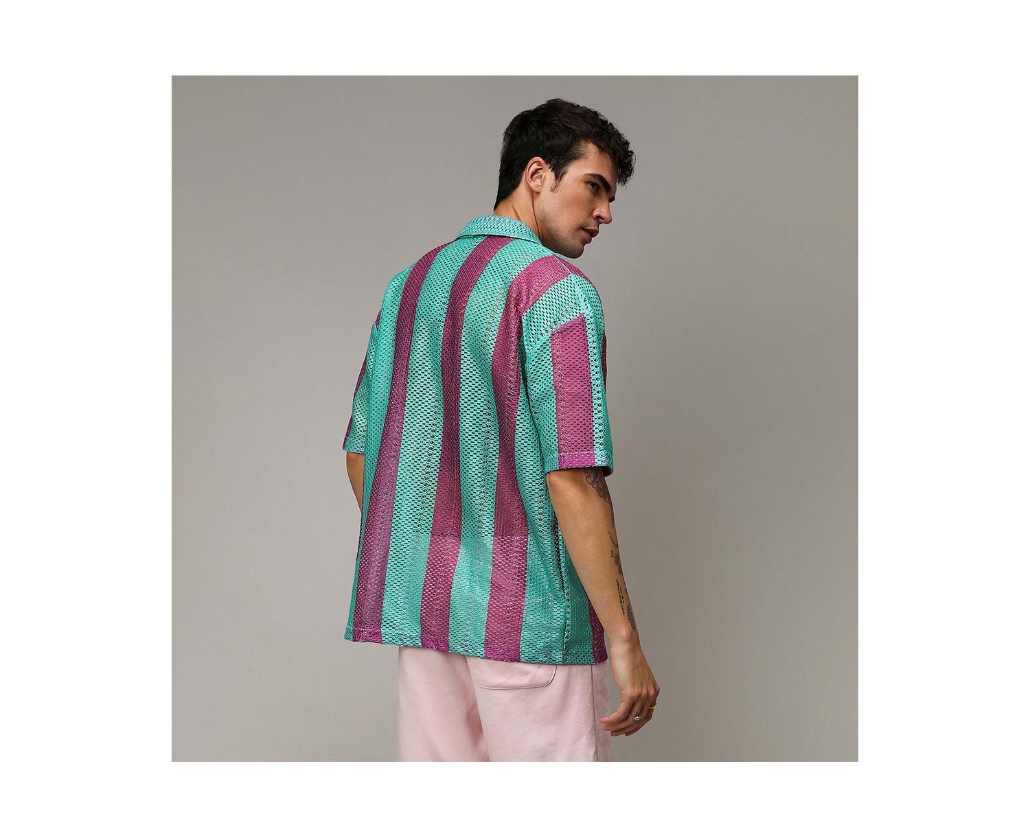 Men's Mint Green & Plum Purple Balanced Striped Oversized Shirt