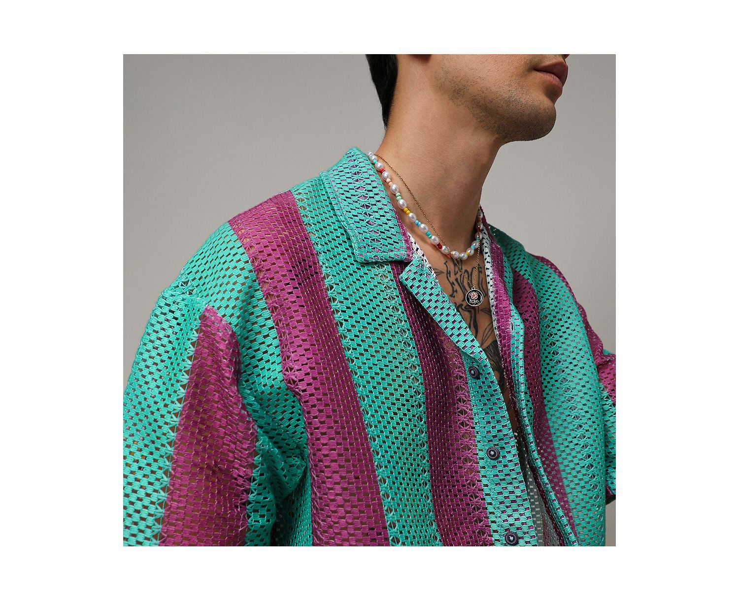 Men's Mint Green & Plum Purple Balanced Striped Oversized Shirt