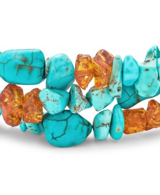 Statement Wide Stabilized Blue Natural Turquoise Golden Orange Amber Resin Chips Multi Strand Bracelet Sterling Silver Tube Clasp