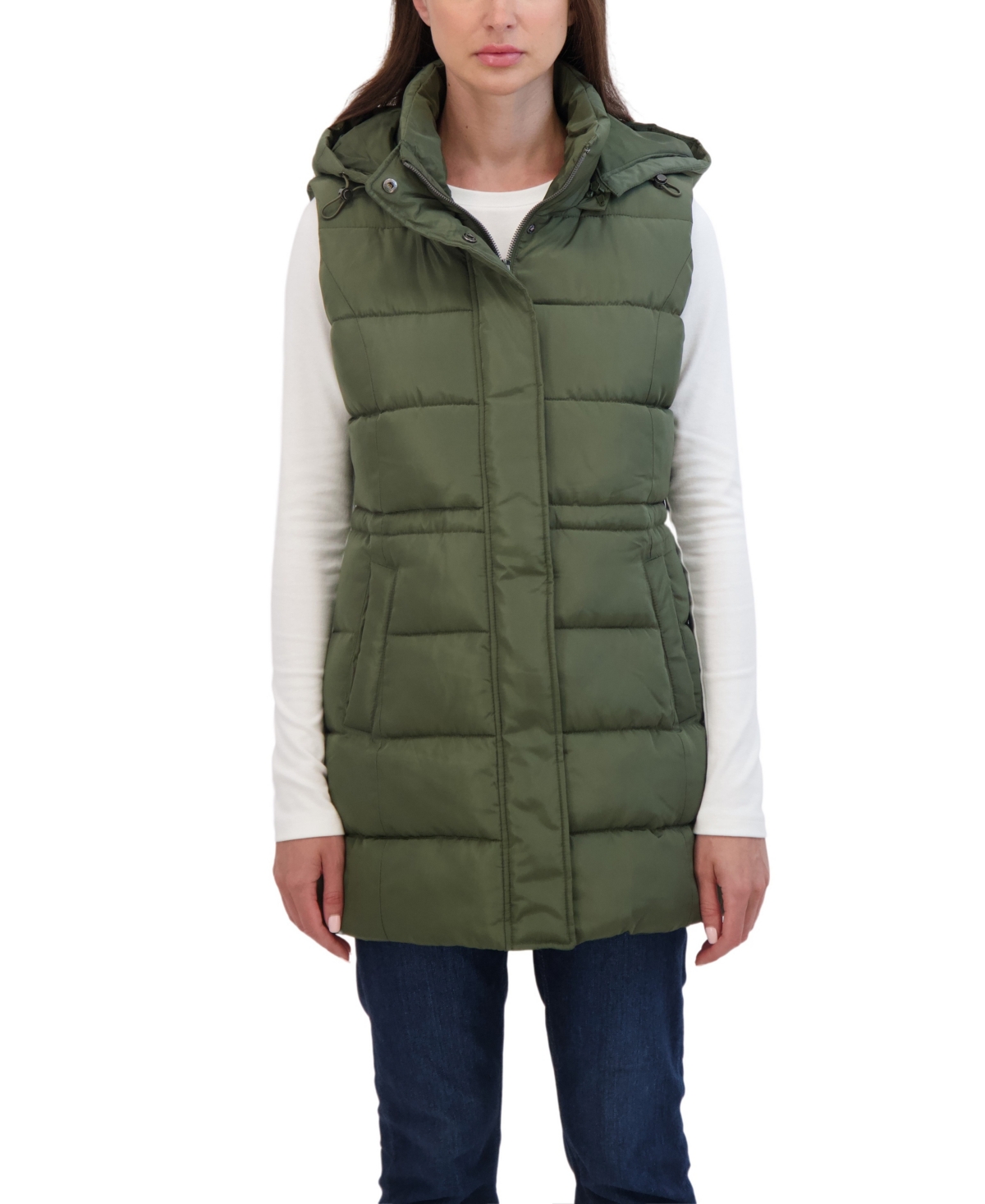Women's Puffer Vest With Drawstring Waist - Olive