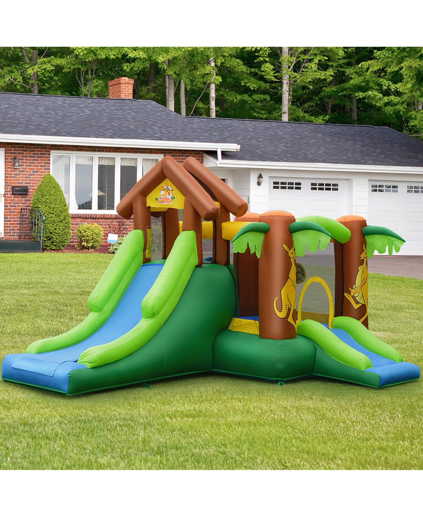 Детская игрушка Costway Jungle Dual-Slide Puncture-Resistant Inflatable Bounce House, 12.5'L x 11.5'W x 7.5'H, Up to 5 Players, Ages 3+, цвет: Зелёный — фото 3