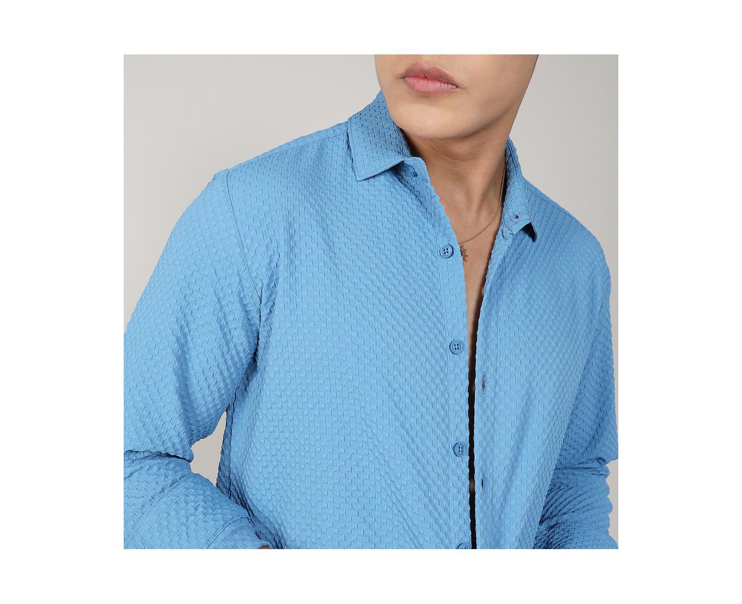 Men's Sky Blue Textured Micro Buffalo Check Shirt