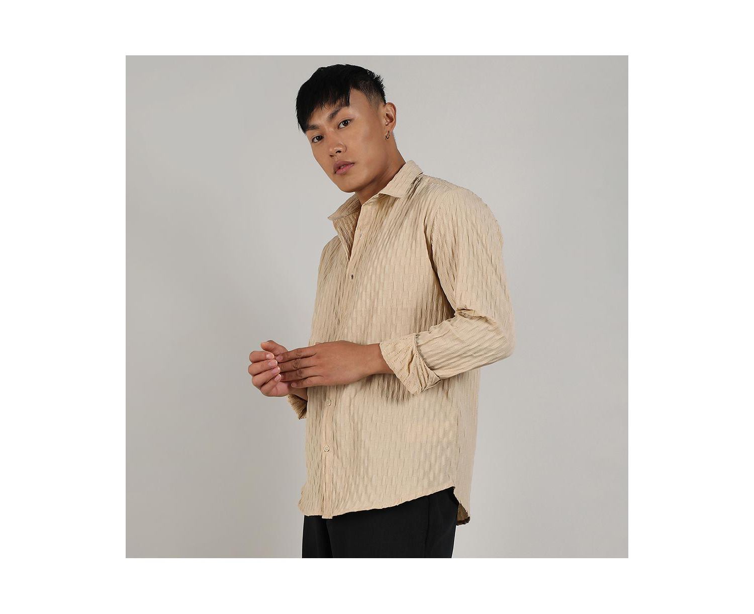 Men's Butter Yellow Crinkled-Weave Shirt
