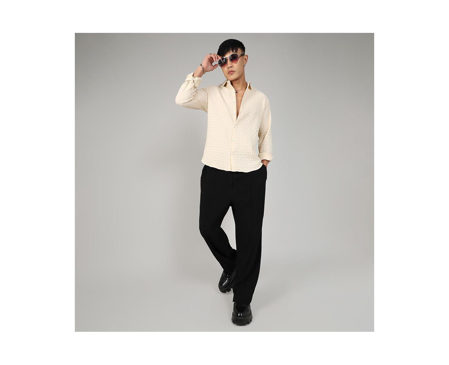 Men's Pale Yellow Textured Weave Shirt