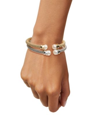 2-Pc. Set Cultured Freshwater Pearl (8 - 8-1/2mm) Mesh Cuff Bangle Bracelets in Sterling Silver & 14k Gold-Plate