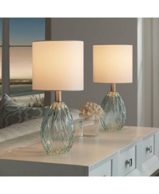 Modern Accent Table Lamps 14 3/4" High Set of 2 Diamond Blue Green Glass Fabric Drum Shade for Bedroom Bedside Office (Color May Vary)