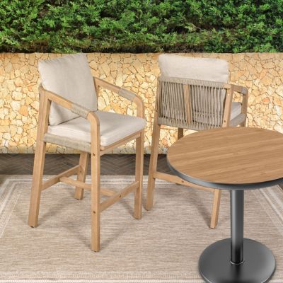 Porto 2-Pc. Acacia Wood Roped Cushioned Armrest Tub Outdoor Bar Stools