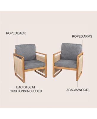 Gable Mid-Century Modern Roped Acacia Wood Outdoor Patio Chair with Cushions