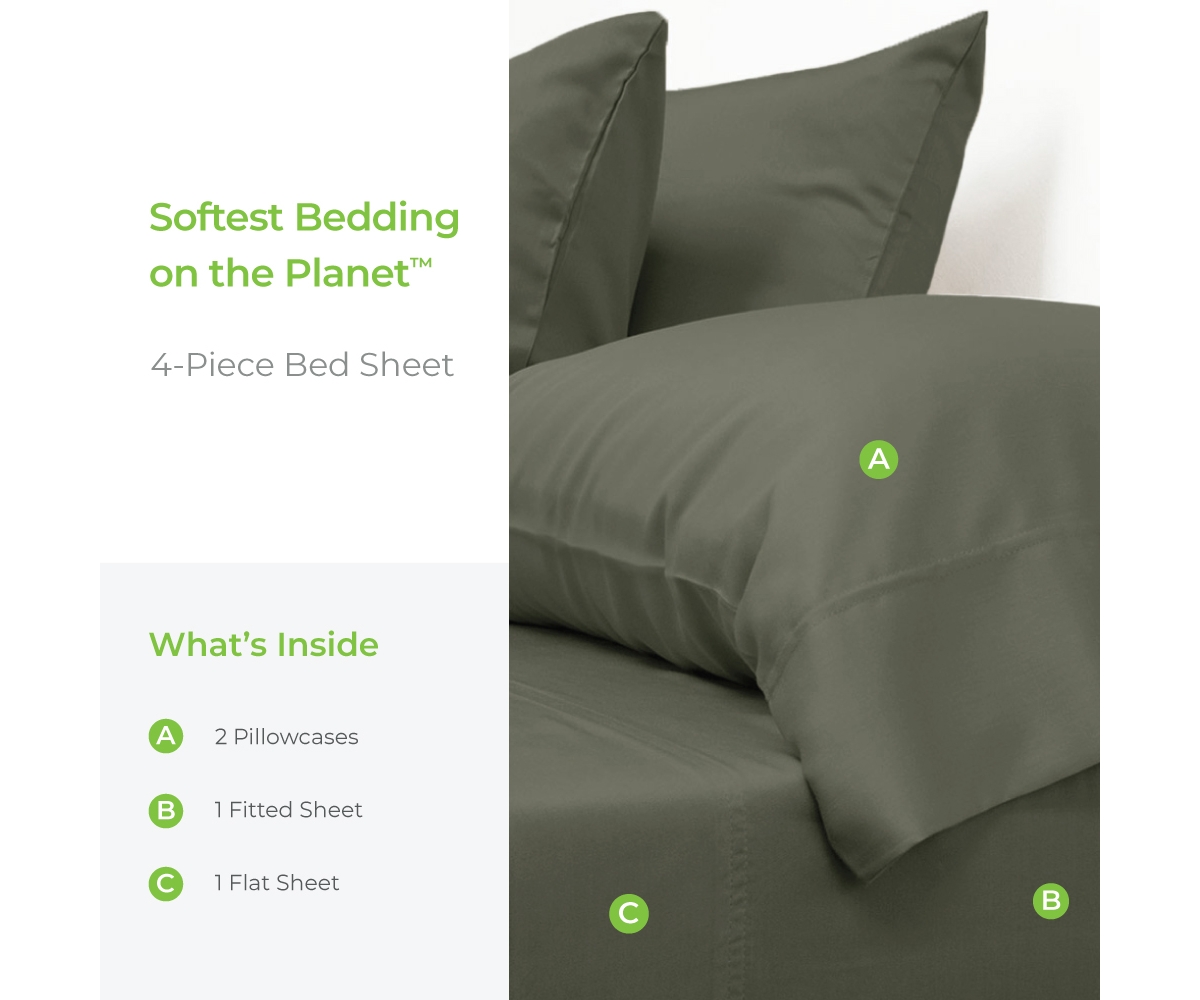 Cariloha Retreat 4-Piece Sateen Sheet Set | Oasis Green | Split King | Lyocell Material | Breathable, Corner Straps, Extra soft & Cooling