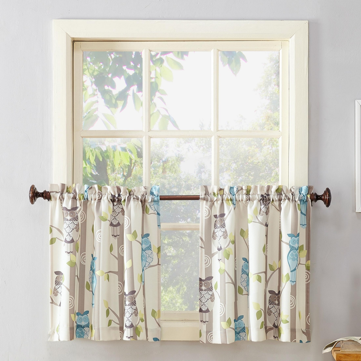 Hoot Owl Print Semi-Sheer Rod Pocket Kitchen Curtain Tier Pair