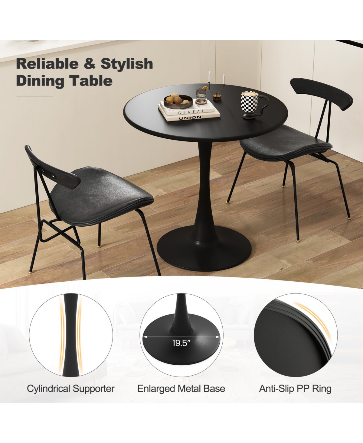 Skonyon Round Dining Table with Anti-Slip Pp Ring- Black