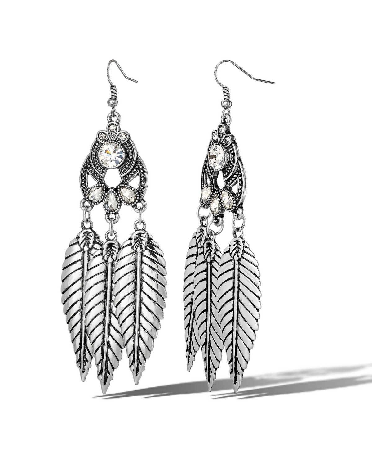 Crystal Leaf Drop Statement Earrings - Silver tone