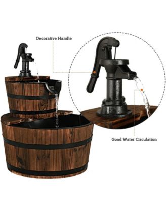 2-Tiers Outdoor Wooden Barrel Waterfall Fountain with Pump