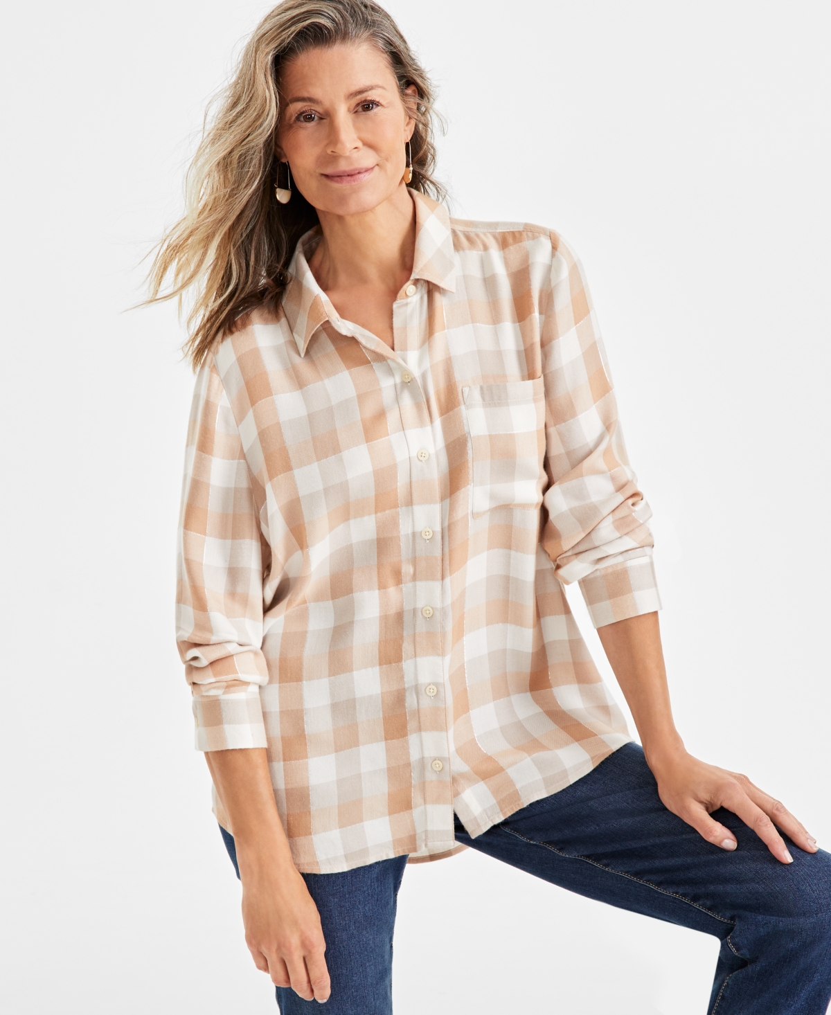 Style & Co Women's Shine Plaid Perfect Shirt, Created for Macy's