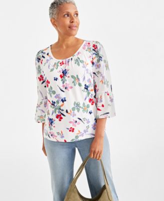 Style & Co Women's Printed Mixed Media Scoop Neck Top