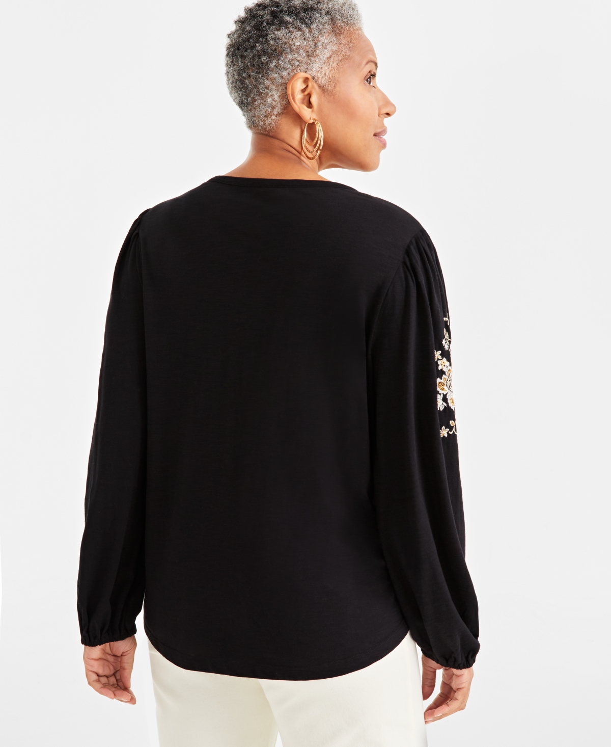 Style & Co Women's Shine Embroidered Long-sleeve Blouse, Created For Macy's In Emb Black