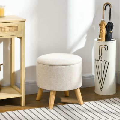 Storage Ottoman, Round Stool Chair with Cushioned Top, Cream White