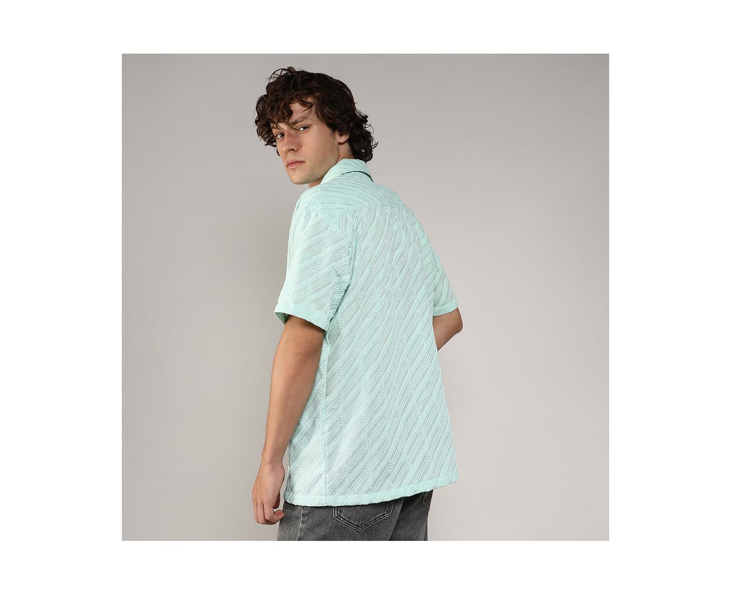 Men's Mint Green Embroidered Striped Shirt