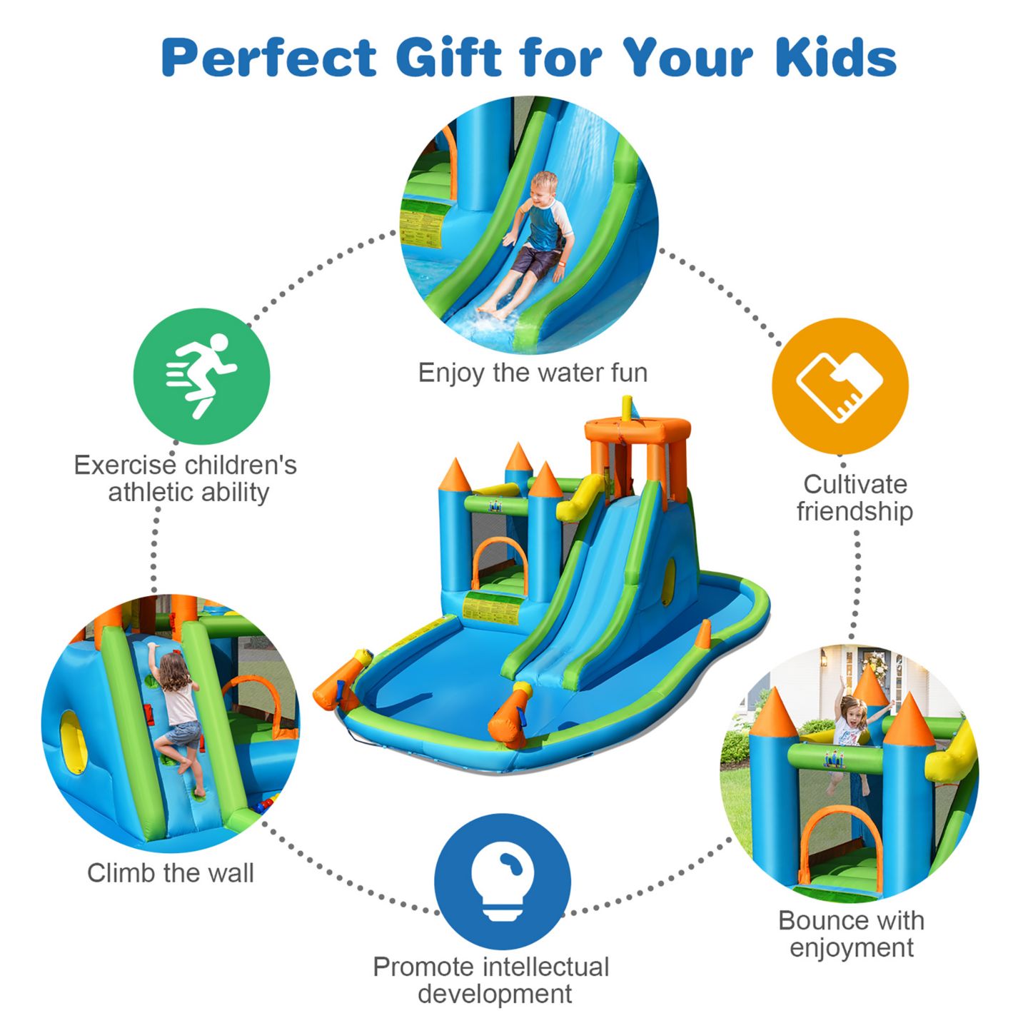 Детская игрушка Costway Bountech 19.5'L x 10.5'W x 8'H Inflatable Water Slide with Bounce House and Splash Pool, 6-Person, Ages 3-10, цвет: Синий — фото 7