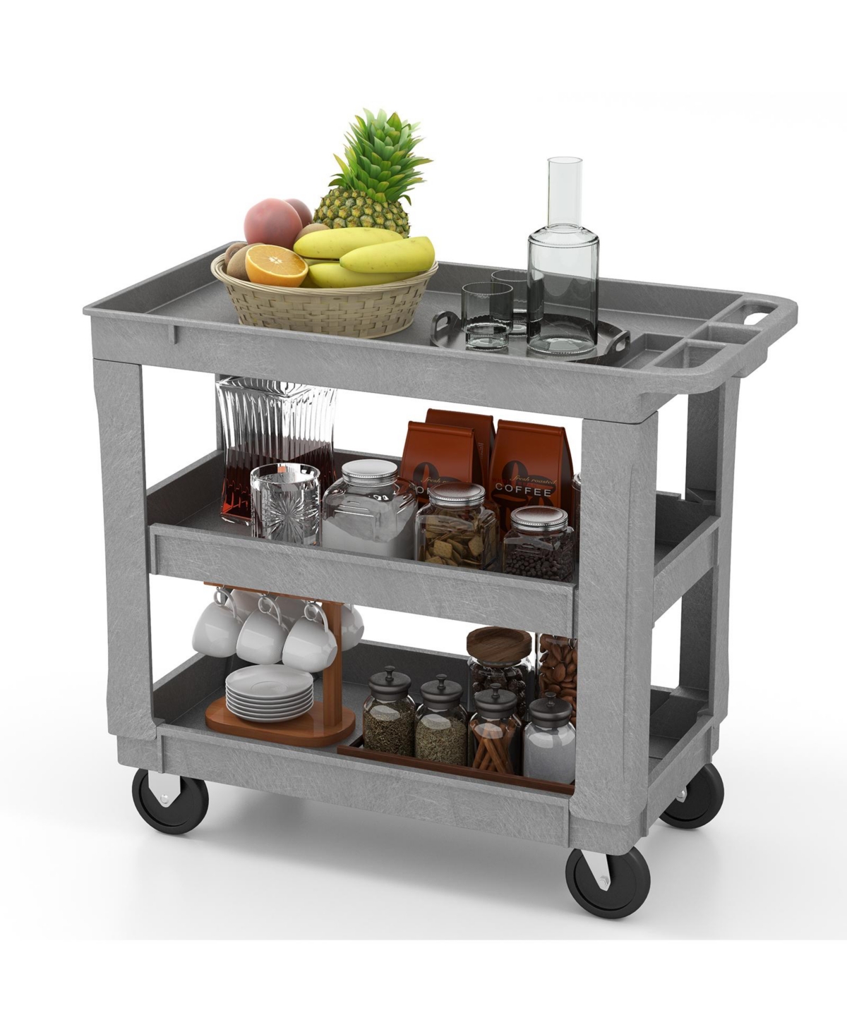Skonyon 3-Tier Utility Cart with 550 Lbs Max Load and Adjustable Middle Shelf-Gray