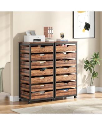 7 Drawer Chest, Wood Storage Dresser Cabinet with Wheels, Industrial Storage Drawer Organizer Cart for Office Bedroom Entryway