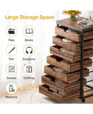7 Drawer Chest, Wood Storage Dresser Cabinet with Wheels, Industrial Storage Drawer Organizer Cart for Office Bedroom Entryway
