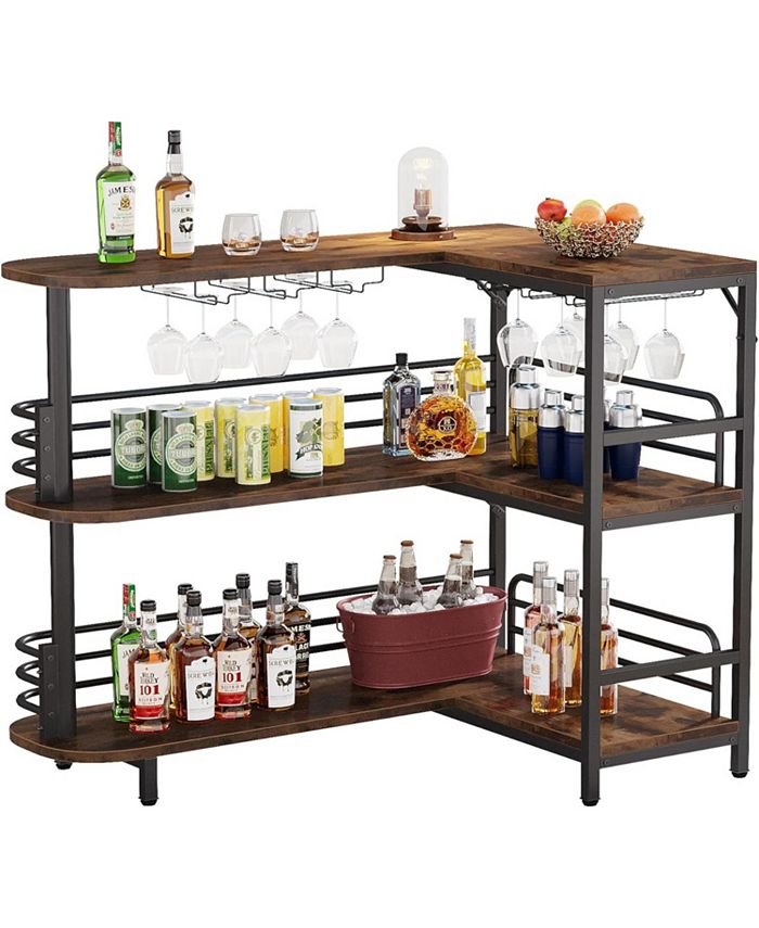 Tribesigns L-Shaped Home Bar Unit, 3 Tier Liquor Bar Table with Storage ...