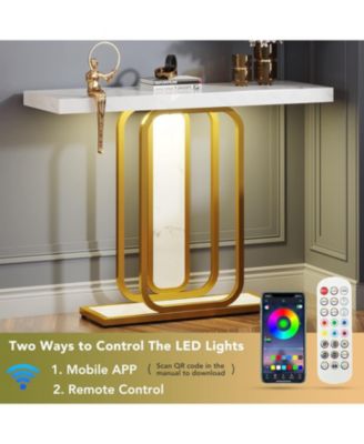 Modern Gold White Console Table with LED Lights, 41.3 Inch Entryway Hallway Foyer Accent Table with Faux Marble Veneer for Living Room, Entrance