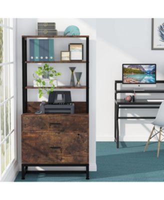 2 Drawer Vertical File Cabinet with Lock & Bookshelf, Letter Size Large Modern Filing Cabinet Printer Stand with Open Storage Shelves