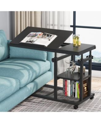 Adjustable C Table with Wheels, Tiltable Laptop Stand & TV Tray with Shelves for Sofa, Bedside, or Couch