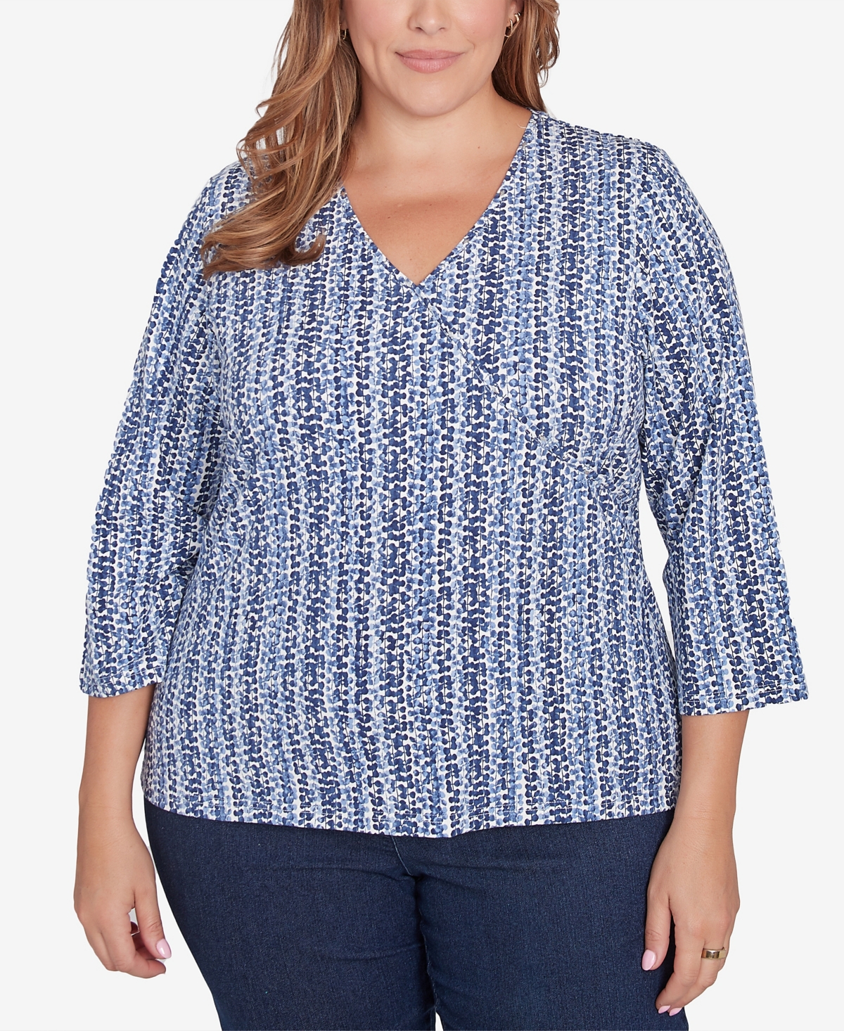 Plus Size Lets Rendez-Blue Printed 3/4 Sleeve Top - New Navy Multi