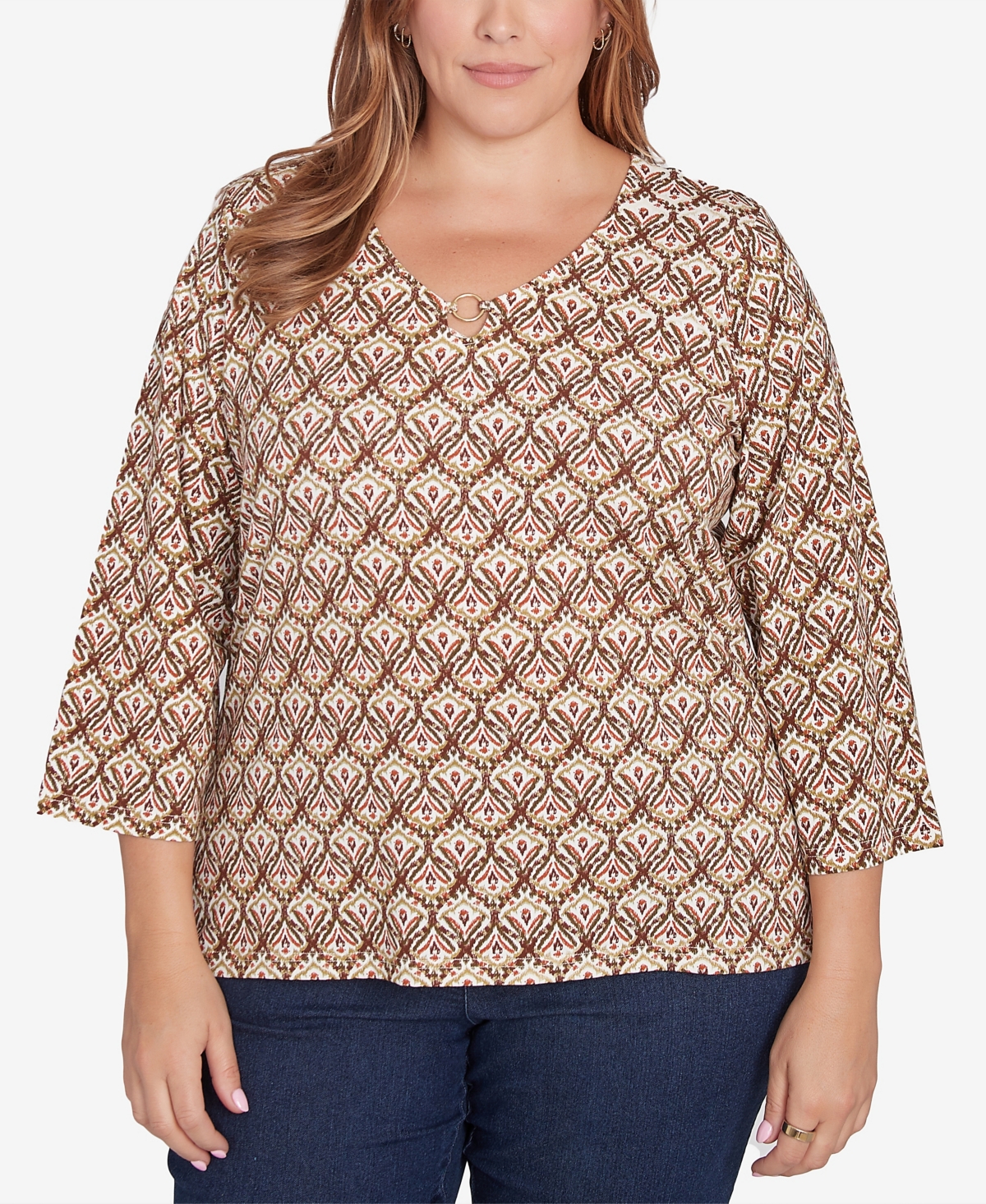 Plus Size Spice It Up Printed 3/4 Sleeve Top - Olive Multi