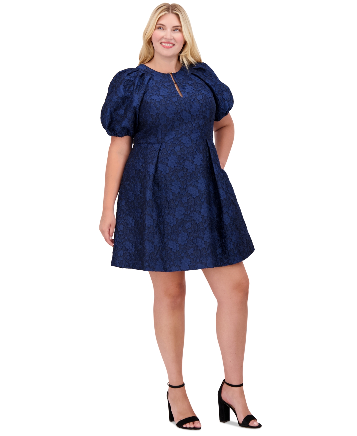 Vince Camuto Plus Size Puff-Sleeve Jacquard Fit & Flare Dress