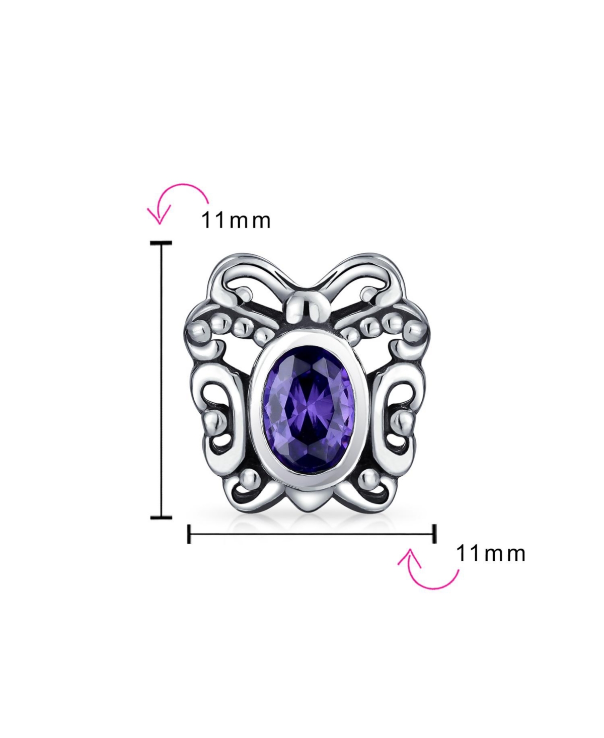 Bling Jewelry Purple Butterfly Cubic Zirconia Bead Purple Cz Charm Oxidized Sterling Silver For European Bracelet