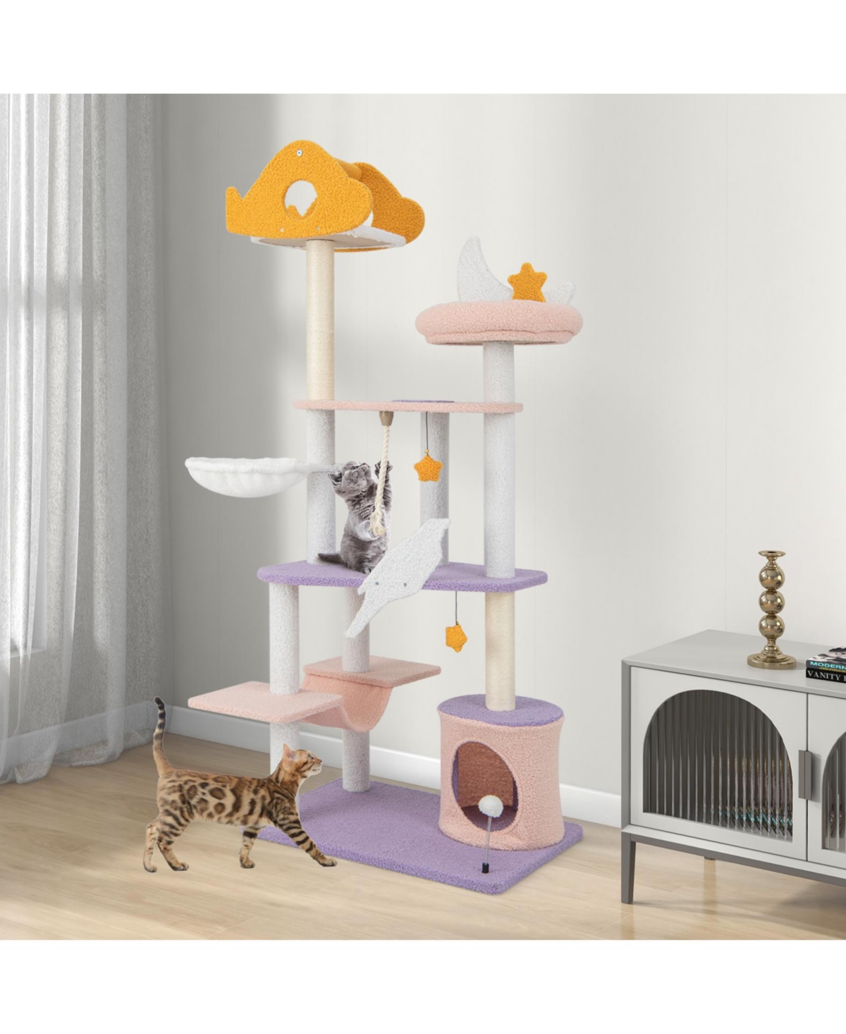 Skonyon Cute Cat Tree Cats Multi-level Tall Cat Tower with Sisal Covered Scratching Posts- Purple