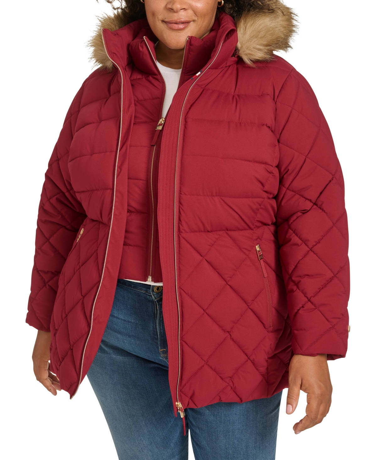 Tommy Hilfiger Plus Size Faux fur trim Hooded Puffer Coat Created For Macy s In Rouge ModeSens
