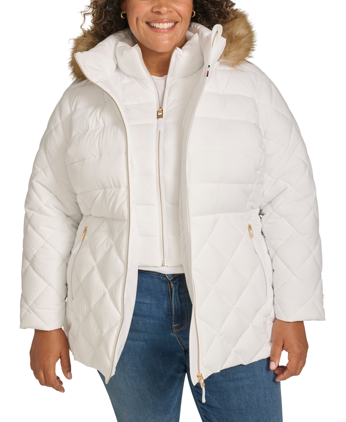 Tommy Hilfiger Plus Size Faux-fur-trim Hooded Puffer Coat, Created For Macy's In White