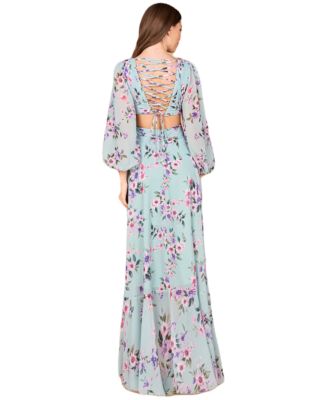 Women's Long Sleeve V-Neck, Layered Skirt Print Dress