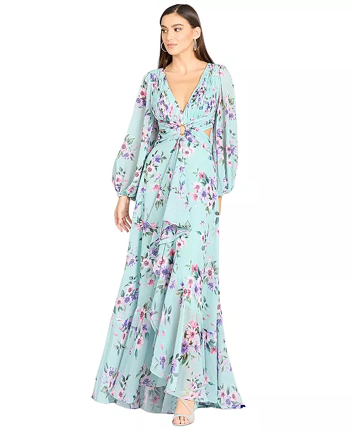 women's long sleeve v-neck, layered skirt print dress