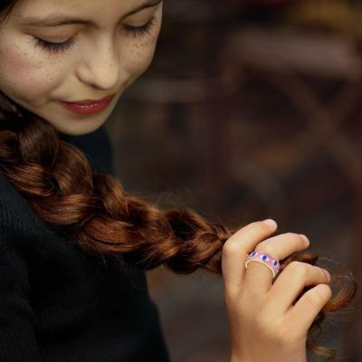 14k Gold Plated Band Ring with Pink Enamel Eye Shaped Design for Kids/Teens