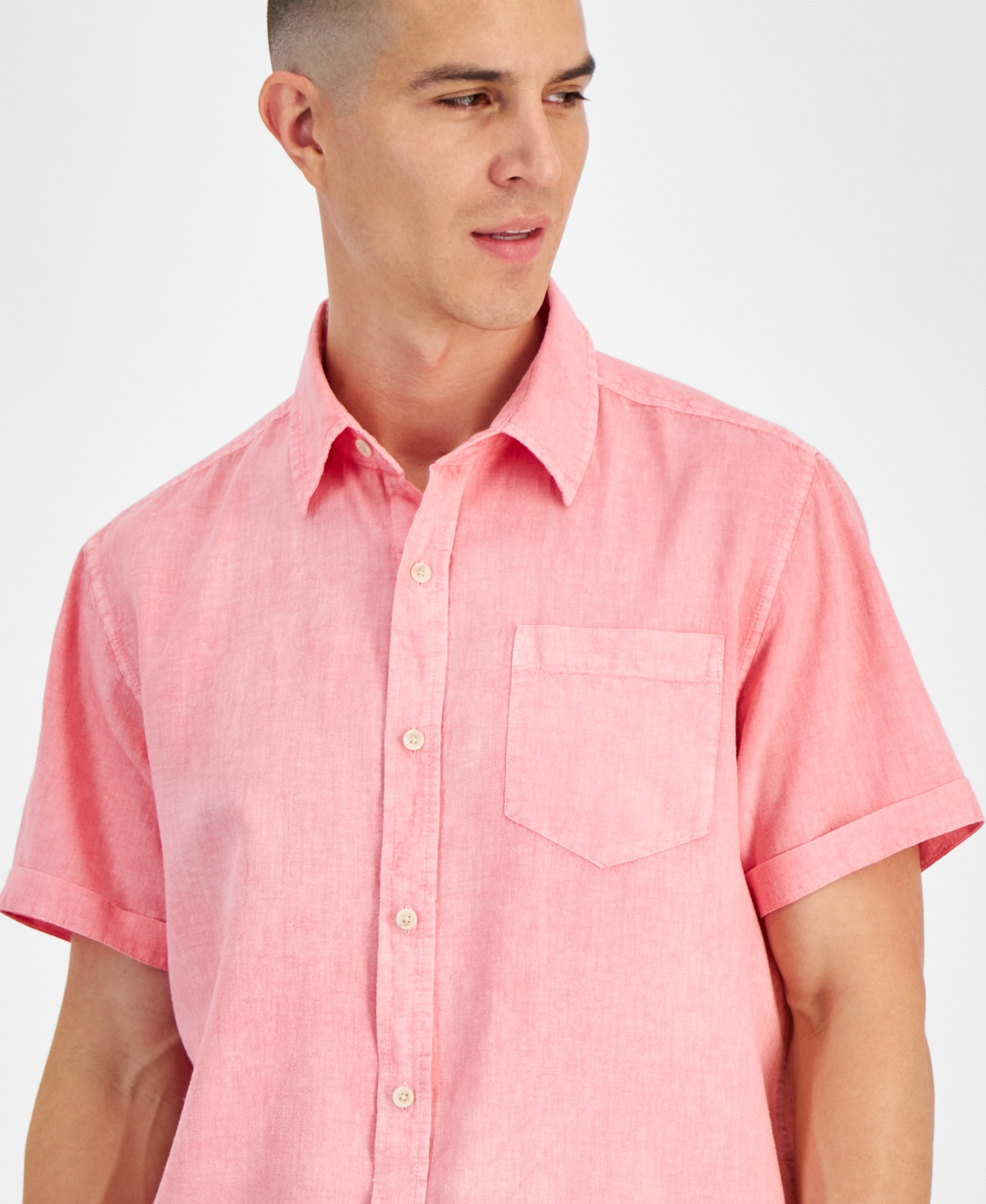 Shop Sun + Stone Men's Blake Linen Chambray Short Sleeve Button-front Shirt, Created For Macy's In Spring Strawberry